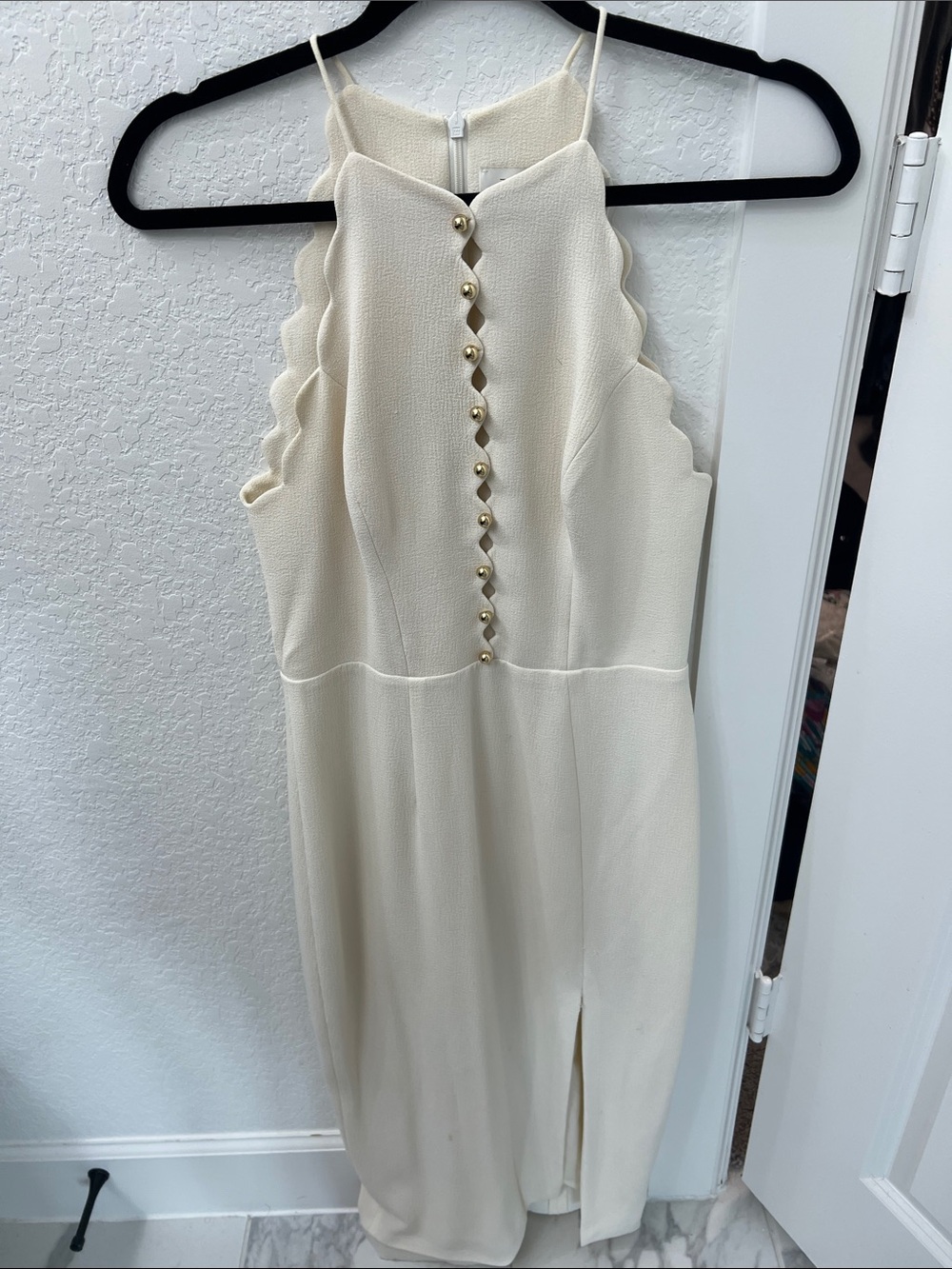 Zimmermann Ivory Scallop-Trim Halter Dress with Gold Buttons